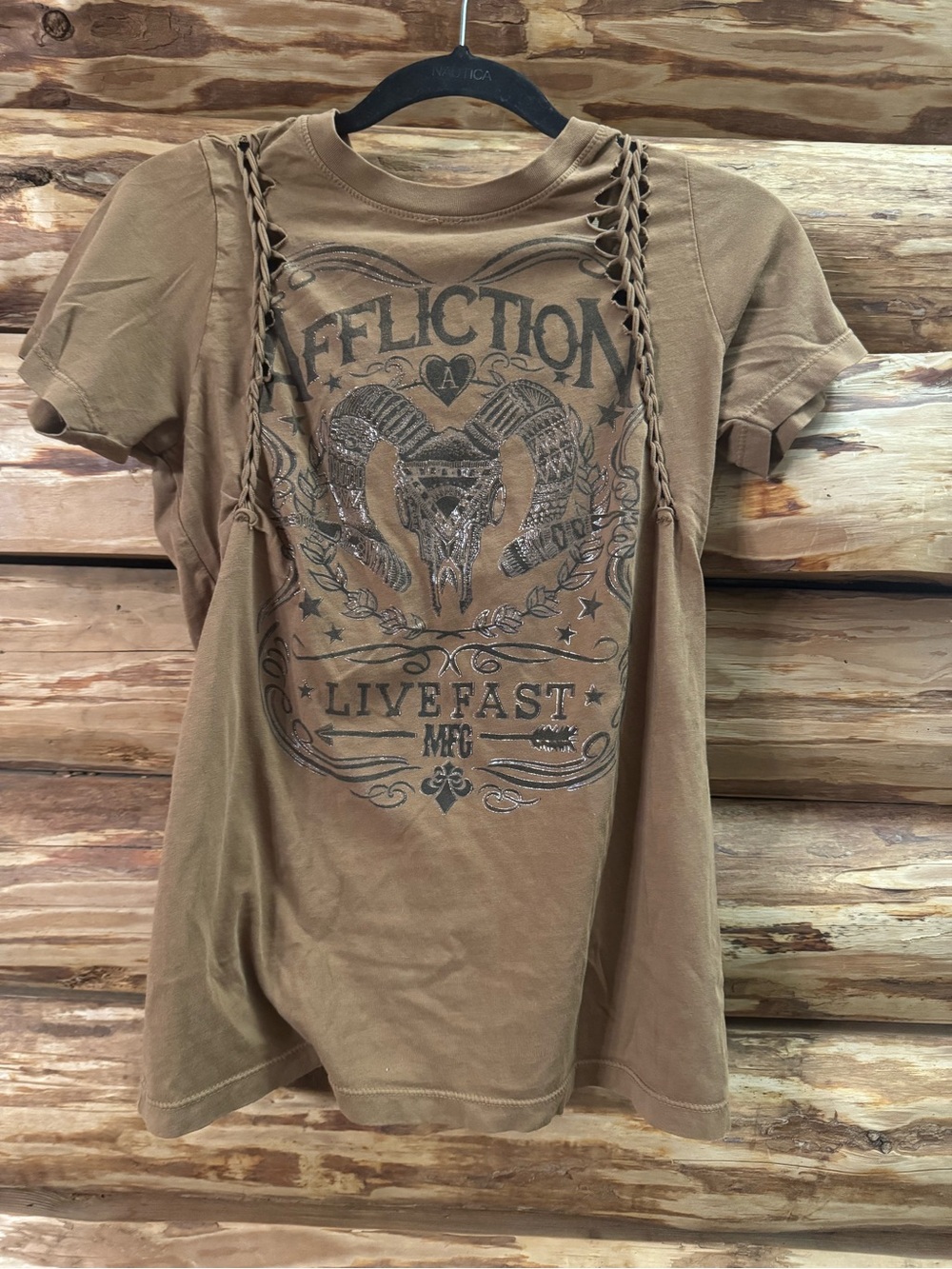Affliction Brown Lace-Trim Graphic Short Sleeve Tee